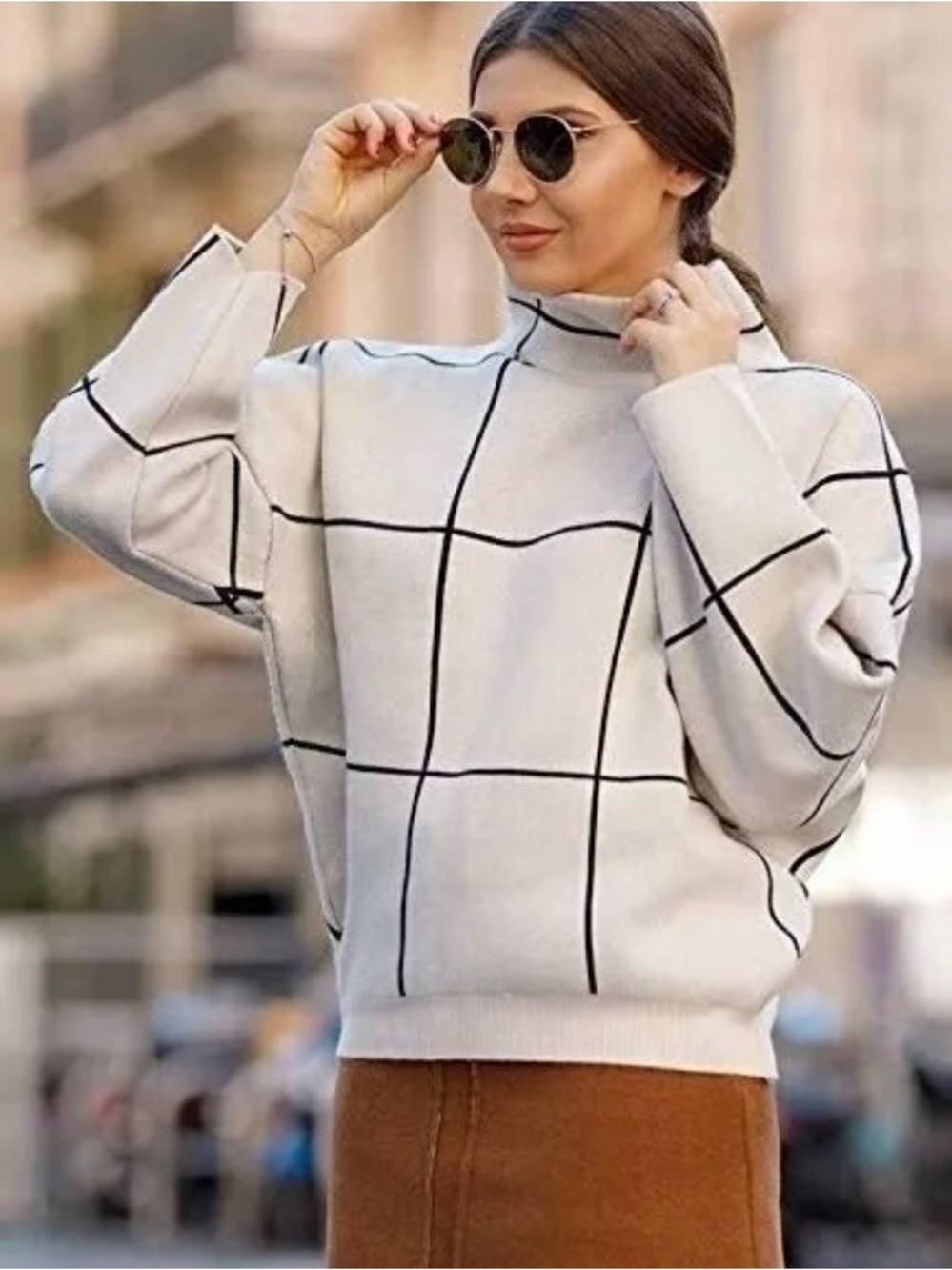 Cream Windowpane Turtleneck Sweater